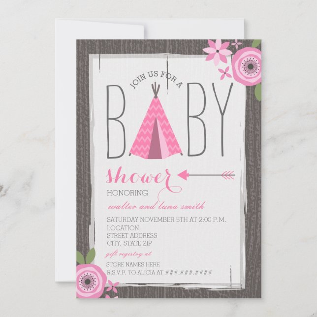 Pink Tipi Floral Girl Baby Shower Invitation (Front)