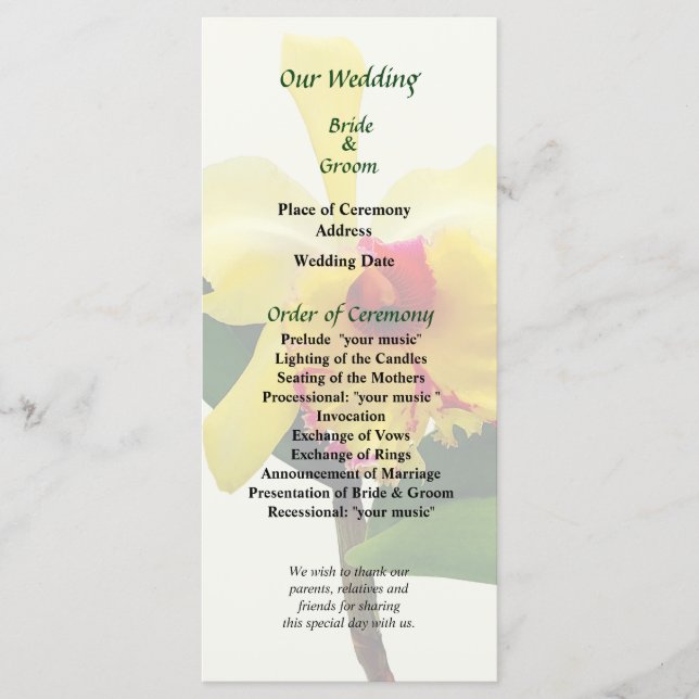 Pink Tipped Yellow orchid Wedding Program (Front)