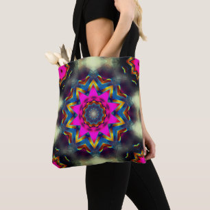 Pink to coloured flower or star in kaleidoscope tote bag