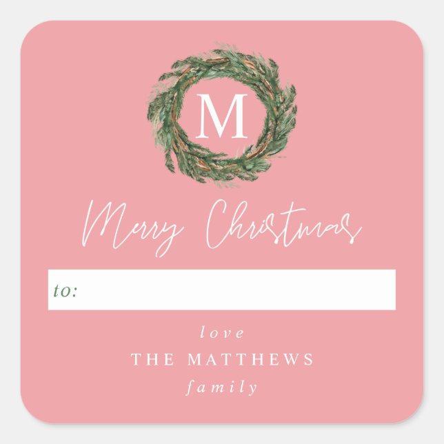 Pink To Wreath Monogram Merry Christmas Square Sticker (Front)