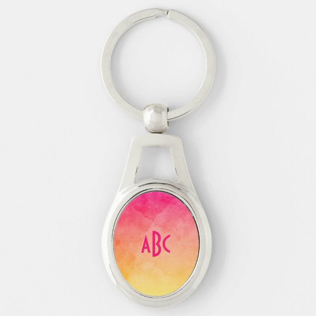Pink to Yellow Watercolor Ombre Monogram Key Ring (Front)
