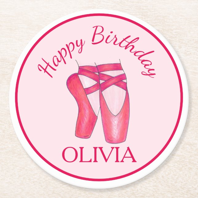 Pink Toe Shoes Ballet Ballerina Dance Birthday Round Paper Coaster (Front)