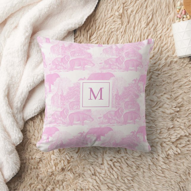 Pink Toile Animals Chinoiserie Baby Girl Monogram Cushion (Blanket)