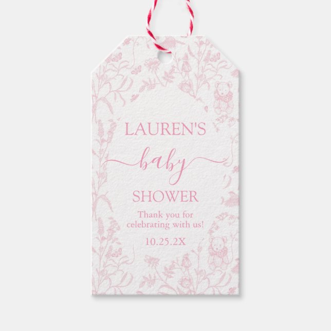 Pink Toile Bear Baby Shower Girl Gift Tag (Front)