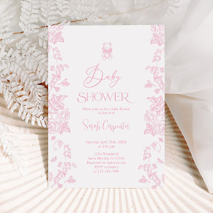 Pink Toile Bear Baby Shower Girl Invitation