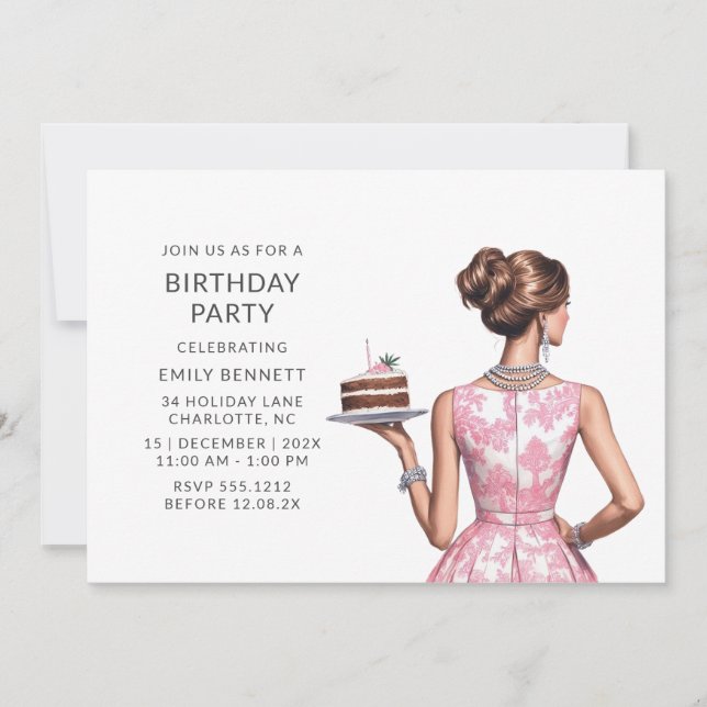 Pink Toile Birthday Invitation (Front)