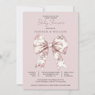 Pink Toile Bow Ribbon Girl Baby Shower Invitation
