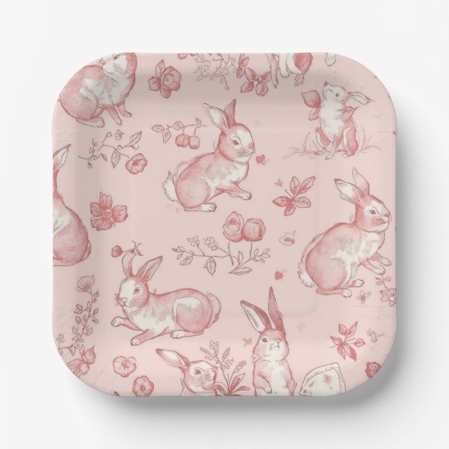 Pink Toile Bunny Party Plates (Front)