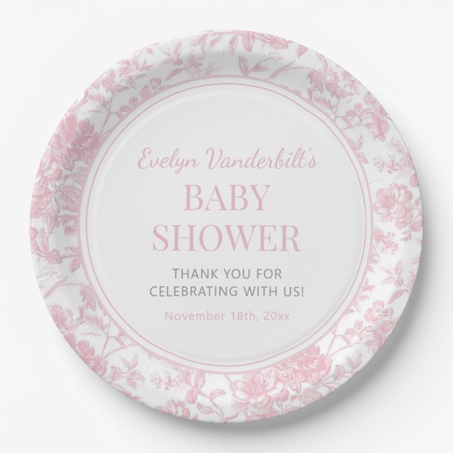 Pink Toile Chinoiserie Floral Baby Shower  Paper Plate (Front)