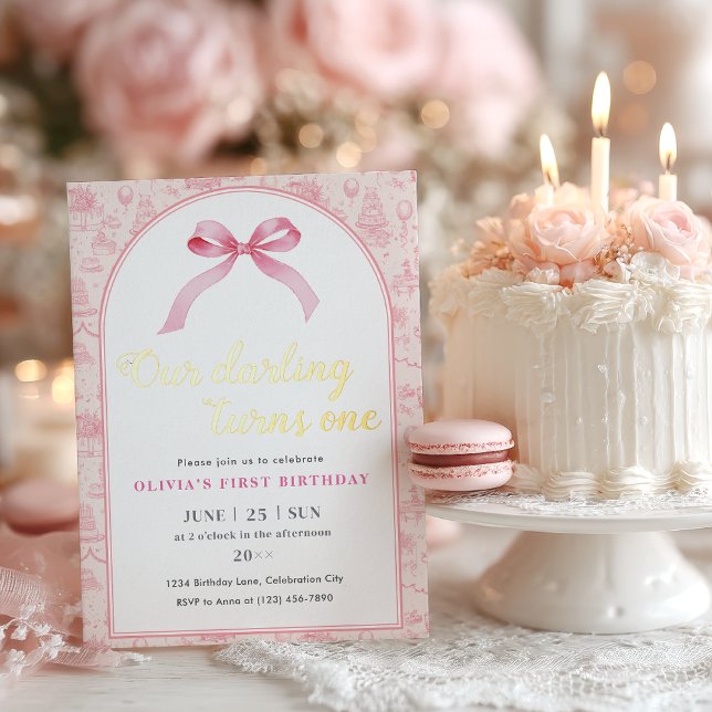 Pink Toile Coquette Bow 1st Birthday Girl  (coquette style 1st birthday invitation for baby girl, pink bow)