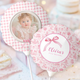 Pink Toile Coquette Bow 1st Birthday Girl Balloon