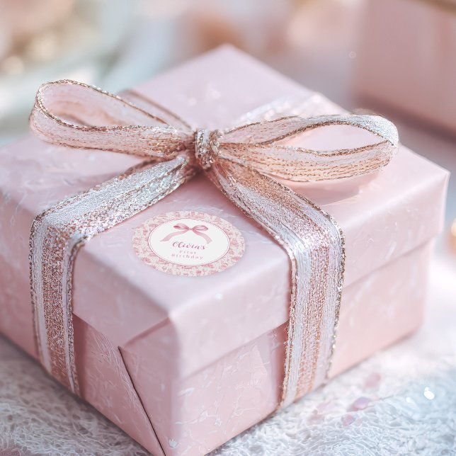 Pink Toile Coquette Bow 1st Birthday Girl Classic Round Sticker (pink coquette 1st birthday  for baby girl with ribbon)