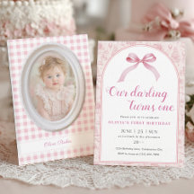 Pink Toile Coquette Bow 1st Birthday Girl