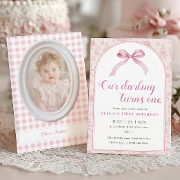 Pink Toile Coquette Bow 1st Birthday Girl Invitation