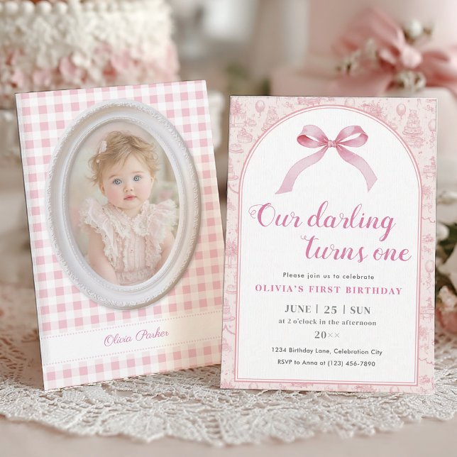 Pink Toile Coquette Bow 1st Birthday Girl Invitation (coquette style 1st birthday invitation for baby girl, pink bow and photo card set
)