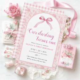 Pink Toile Coquette Bow 1st Birthday Girl Invitation
