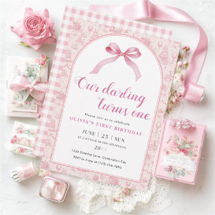 Pink Toile Coquette Bow 1st Birthday Girl Invitation