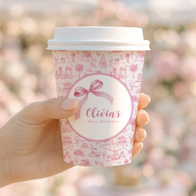 Pink Toile Coquette Bow 1st Birthday Girl Paper Cups (coquette style 1st birthday party for baby girl)