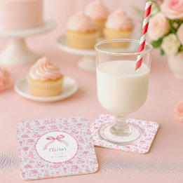 Pink Toile Coquette Bow 1st Birthday Girl Square Paper Coaster