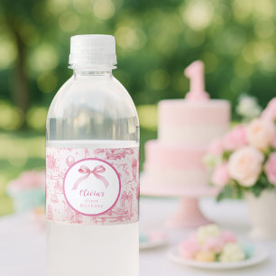 Pink Toile Coquette Bow 1st Birthday Girl Water Bottle Label