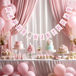 Pink Toile Coquette Bow Birthday Girl Bunting