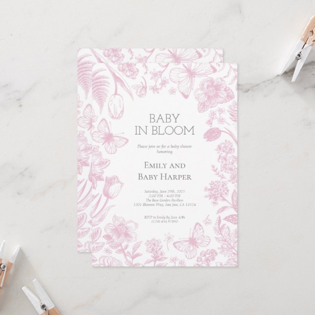 Pink Toile de Jouy Baby in Bloom Baby Shower Invitation (Front/Back In Situ)