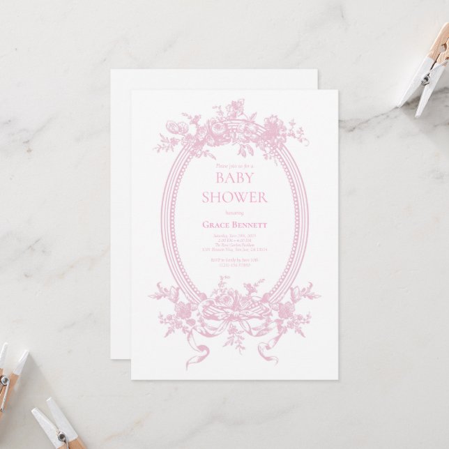 Pink Toile de Jouy Baby Shower Invitation (Front/Back In Situ)
