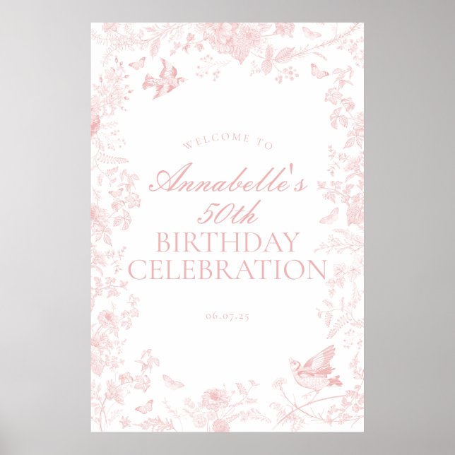 Pink toile de jouy birthday party welcome sign (Front)