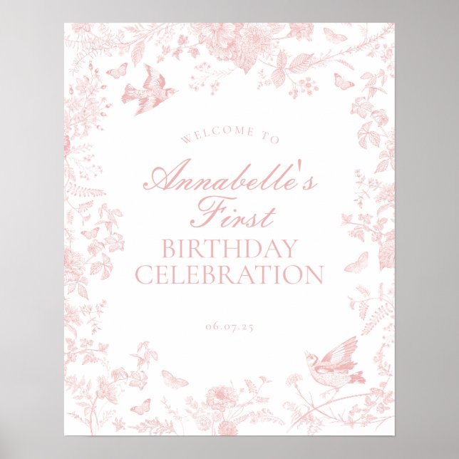 Pink Toile De Jouy Birthday Welcome Sign (Front)