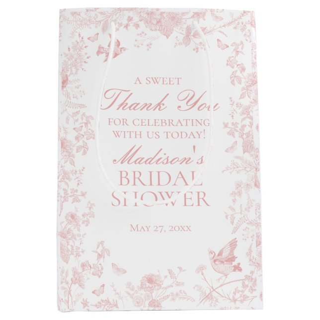 Pink Toile De Jouy Bridal Shower Favours Medium Gift Bag (Front)