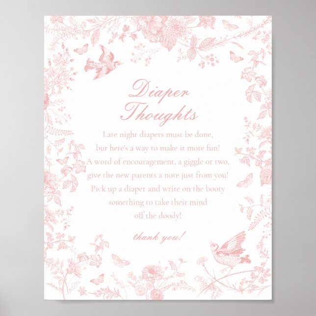 Pink Toile De Jouy Diaper Thoughts Baby Shower Poster (Front)