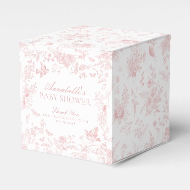 Pink Toile De Jouy Floral Baby Shower Favour Boxes (Front Side)