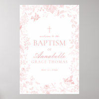 Pink Toile De Jouy Floral Baptism Welcome Sign