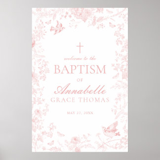 Pink Toile De Jouy Floral Baptism Welcome Sign