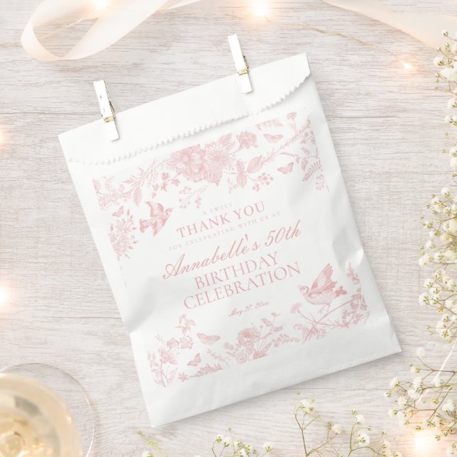Pink Toile De Jouy Floral Birthday Dessert Favour Bag (Clipped)