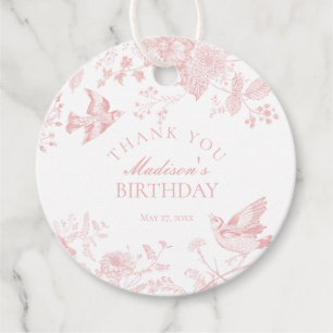 Pink Toile De Jouy Floral Birthday Party Favour Tags