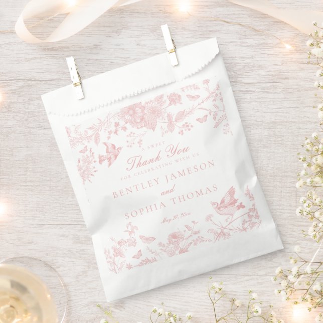 Pink Toile De Jouy Floral Wedding Dessert Favour Bag (Clipped)