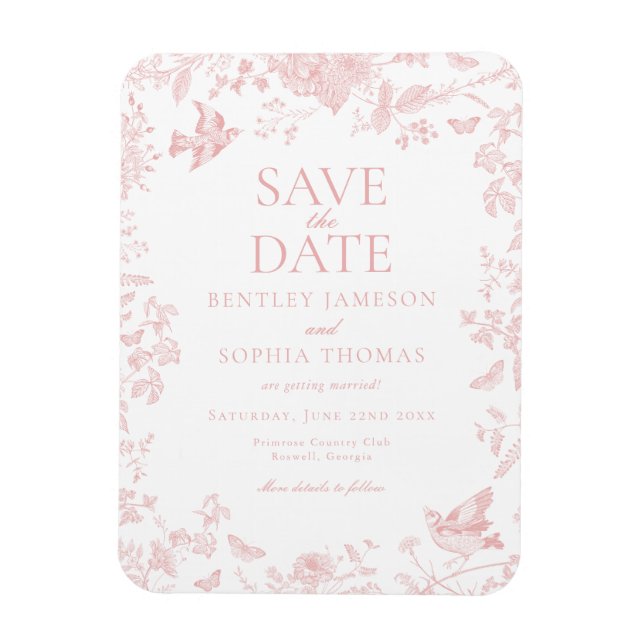 Pink Toile De Jouy French Floral Save the Date Magnet (Vertical)
