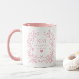Pink Toile De Jouy or Floral Vine Wedding Monogram Mug