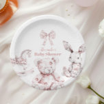 Pink Toile De Jouy Toys Baby Shower Paper Plate<br><div class="desc">Add a touch of elegance to your baby shower with our Toile De Jouy Bow Baby Shower Paper Plates. Designed with the classic and intricate Toile De Jouy pattern, these plates feature charming pastoral scenes that embody timeless sophistication and charm. The delicate bow accent enhances the design, making these plates...</div>