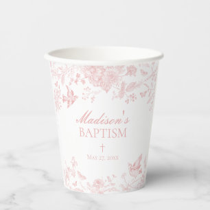 Pink Toile De Jouy Vintage Floral Baptism Paper Cups