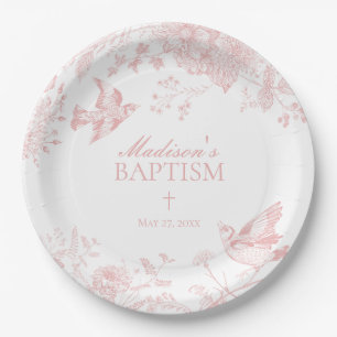 Pink Toile De Jouy Vintage Floral Baptism Paper Plate