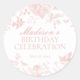 Pink Toile De Jouy Vintage Floral Birthday Favour Classic Round Sticker