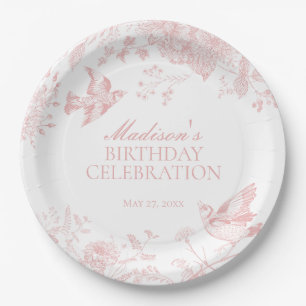 Pink Toile De Jouy Vintage Floral Birthday Party Paper Plate