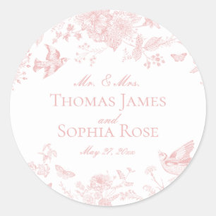 Pink Toile De Jouy Vintage Floral Wedding Classic Round Sticker