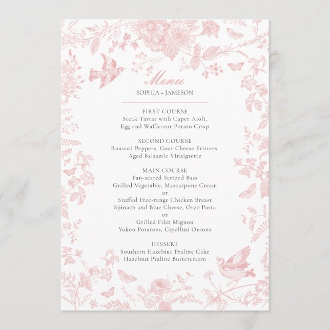Pink Toile de Jouy Wedding Menu (Front)