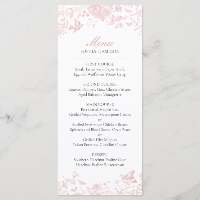 Pink Toile de Jouy Wedding Menu (Front)