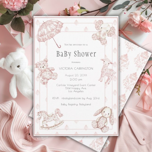 Pink Toile Elegant Girl Baby Shower Invitation (Creator Uploaded)
