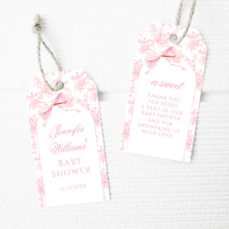 Pink Toile Floral Bow Baby Girl Shower Thank You Gift Tags