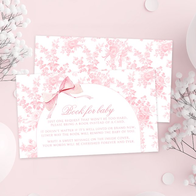 Pink Toile Floral Bow Book for Baby Girl Shower Enclosure Card (Creator Uploaded)